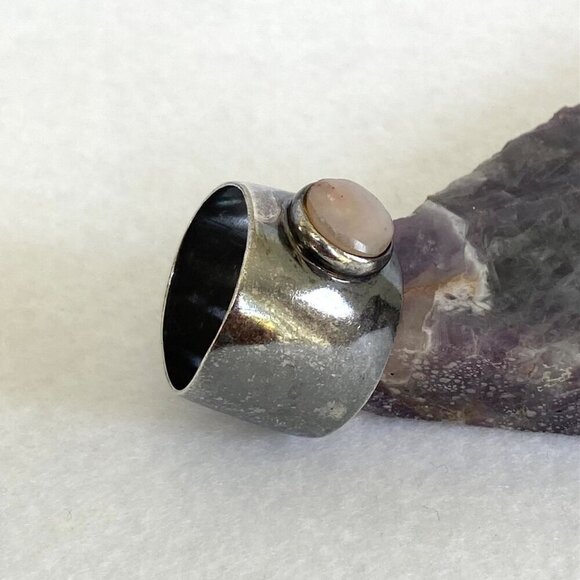 Oxidized Sterling Silver 950 Round Rose Quartz 16MM Wide Band Ring Sz 8.75 - Picture 5 of 16